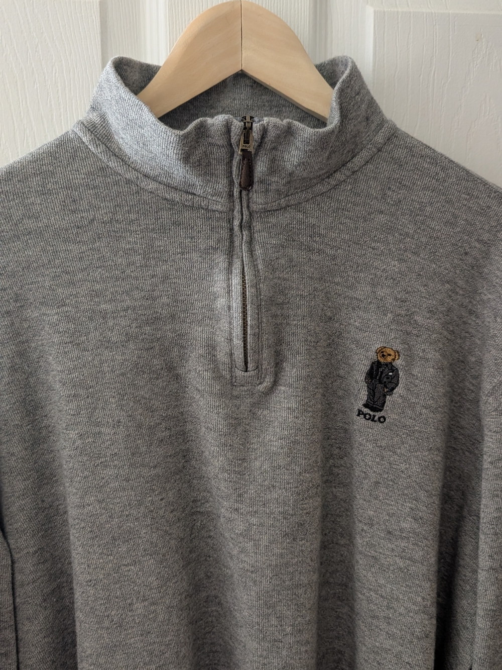 Ralph Lauren Gray 1/4 Zip Polo Sweater w/ Gentleman Bear Embroidery